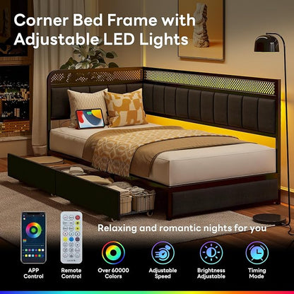 LIKIMIO Twin Corner Bed Frame, Modern Daybed with Upholstered Guardrail | Under-Bed Storage Drawers, Built-in Charging Station, Adjustable Smart LED Lights, Gray