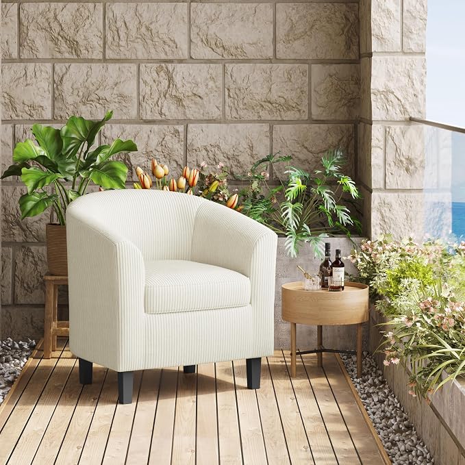 Topeakmart Corduroy Club Chair, Modern Accent Chair and Cozy Barrel Chair with Sturdy Wood Legs for Living Room Bedroom Reception Room, Beige