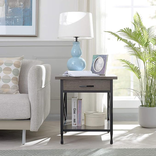 Leick Home 23007 Chisel & Forge One Drawer X Design Mixed Metal and Wood Side Table with Shelf, Smoke Gray and Matte Black, 22 in x 24 in x 24 in