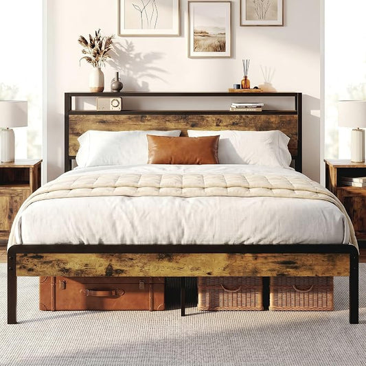 LIKIMIO Queen Size Bed Frame, Platform Bed with 2-Tier Storage Headboard | Metal Bed Frame, Solid and Stable, Noise Free, No Box Spring Needed, Easy Assembly, Durable, Industrial Brown