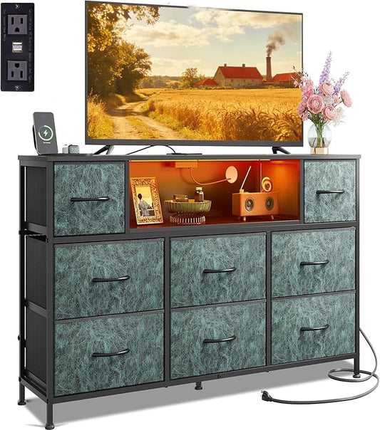 WLIVE Dresser TV Stand for 45, 50, 55 inch TV, Entertainment Center with LED Lights & Charging Station, Chest of Drawers with 8 Fabric Drawers and Open Shelves for Living Room, Hallway, Vintage Green