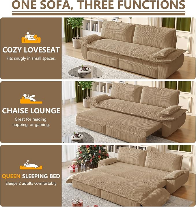 73.2" Sofa Bed Queen Size, Pull Out Couch Bed, 3-in-1 Convertible Sleeper Sofa with Cushion Armrest, Modern Corduroy Futon Couch for Living Room, Small Space, Apartment, Bedroom, Camel
