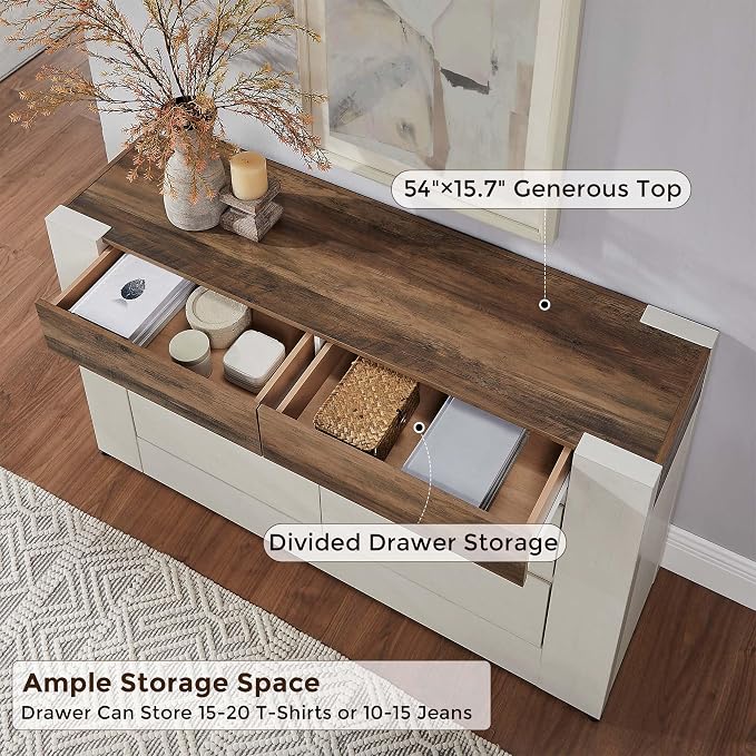 OKD 6 Drawer Dresser for Bedroom, 54" Wide Chest of Drawers with Thick Wood Design, Handleless, Modern Bedroom Dresser, Storage Organizer for Living Room/Entryway/Hallway, Antique White