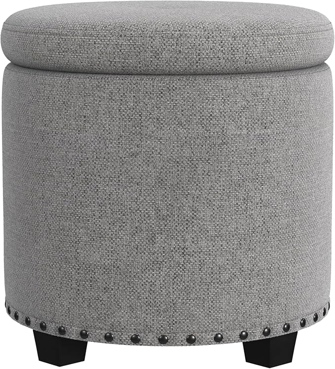 HomePop 18.5" Round Storage Ottoman with Nailheads - Grey Woven