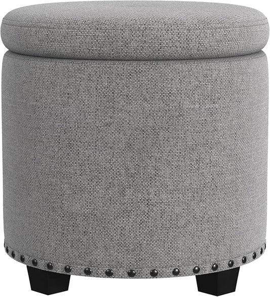 HomePop 18.5" Round Storage Ottoman with Nailheads - Grey Woven
