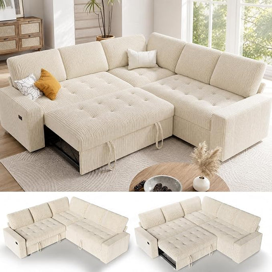 Sunny Heart Modular Sectional Sleeper Sofa with Pull Out Bed, Corduroy L Shaped Sectional Sofa with USB Ports/Adjustable Backrest/Storage Seats, Tool-Free Assembly, Couches for Living Room Beige