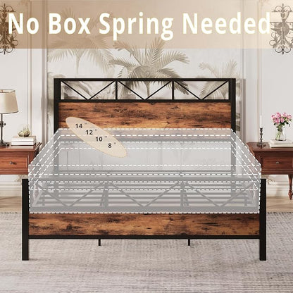 LIKIMIO King Bed Frame, Tall Industrial Headboard 51.2 ", Platform Bed Frame with Strong Metal Support, Solid and Stable, Noise Free, No Box Spring Needed, Easy Assembly, Vintage Brown
