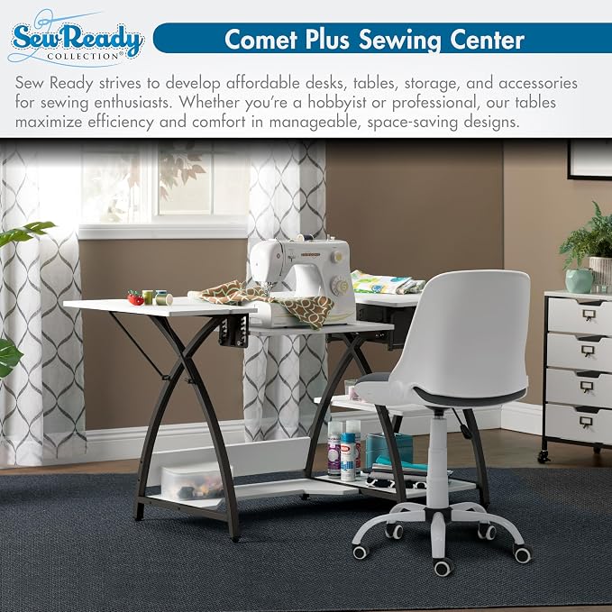 Sew Ready Comet Plus Hobby Sewing Table, 45.5 x 23.5" Overall Platform Size w/ Large Lower Storage Drawer, 2 Side Shelves & Cloth Drawer, Black/White