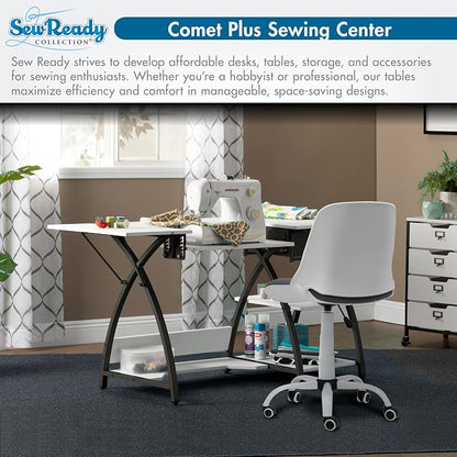 Sew Ready Comet Plus Hobby Sewing Table, 45.5 x 23.5" Overall Platform Size w/ Large Lower Storage Drawer, 2 Side Shelves & Cloth Drawer, Black/White