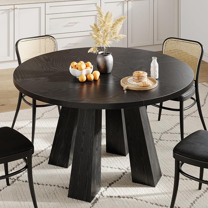 IDEALHOUSE 47" Round Dining Table for 4-6, Wood Kitchen Table with Sturdy Base, Farmhouse Circle Dinner Table for Dining Room, Living Room, 4 Strong Legs, Black