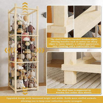 Solid Pine Stuffed Animal Storage, 56" Large Wooden Toy Organizer Tower | 100% solid pine, extra-wide & high open design. Whole rope hand-polished. Holds large plush toys for kids playroom bedroom
