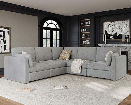 Oversized Modular Sectional Sofa V-Shaped Cloud Couches Gray | 109'' Deep Seat Couch for Living Room, 5-Seater Luxury Comfortable Corner sofa, Solid Wood Frame, Removable Washable Cover