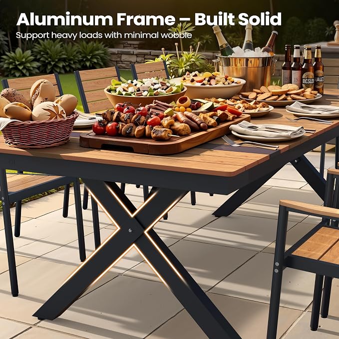 Pellebant Aluminum 11-Piece Outdoor Dining Table Set for 8-10 Person | Patio Stackable Chair with U-Shaped Wicker Backrest, 94" Table with Wood-Grain Top & Umbrella Hole, Aluminum Frame Furniture