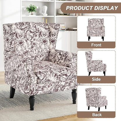 Pia Ricco High Back Floral Accent Chair - Retro Wingback Upholstered Armchair with Nailhead Trim, Solid Wood Legs, Fabric Living Room Bedroom Reading Chair (Rococo Plum)