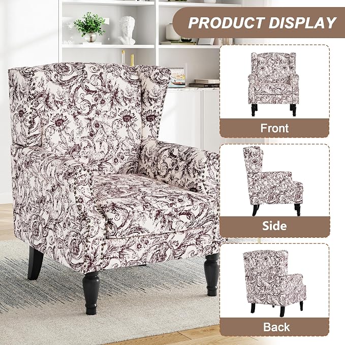 Pia Ricco Set of 2 Floral Accent Chairs, High Back Upholstered Armchairs with Retro Wingback Design, Nailhead Trim & Solid Wood Legs for Living Room Bedroom Home Office(Rococo Plum)