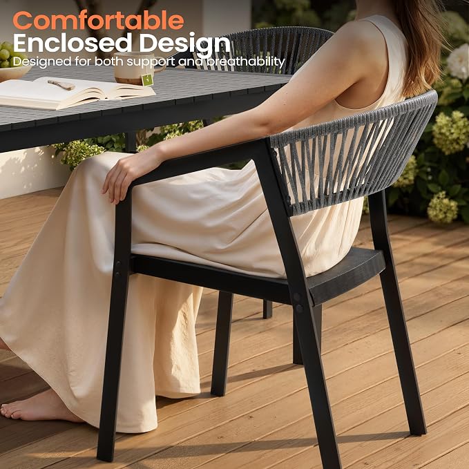 Pellebant Aluminum 11-Piece Outdoor Dining Table Set for 8-10 Person | Patio Stackable Chair with U-Shaped Wicker Backrest, 94" Table with Wood-Grain Top & Umbrella Hole, Aluminum Frame Furniture