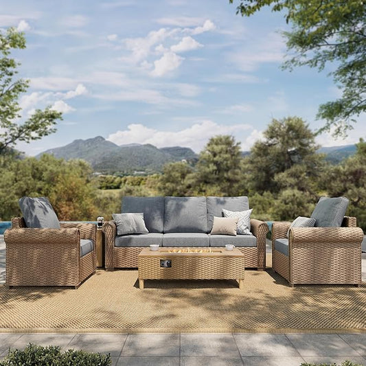 HERA'S HOUSE Patio Furniture Set, 4 x Cushioned Chairs, 3-Seat Sofa with Wood Grain Coffee Table, 5 Seats Luxury Windsor Style All Weahter Outdoor Sofa Conversation Set for Deck Lawn Backyard