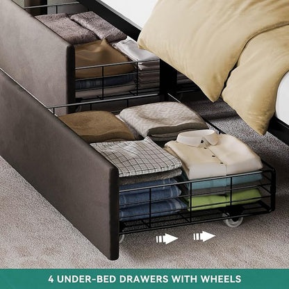YITAHOME King Size Bed Frame with 4 Drawers and RGB LED Lights, Velvet Upholstered Platform Bed with Charging Station and Storage Headboard, No Box Spring Needed, Easy Assembly, Noise-Free, Dark Grey