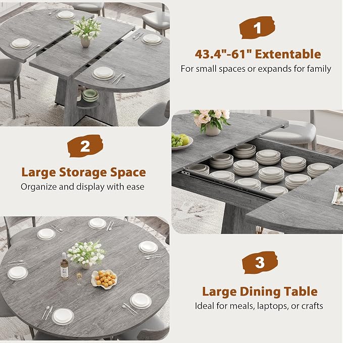 Extendable Dining Table, Round Kitchen Dining Room Dinner Table with for 4 6 8 People, Space Saving Modern Oval Expandale Furniture with Storage and Pedestal for Kitchen Living Room (Grey)