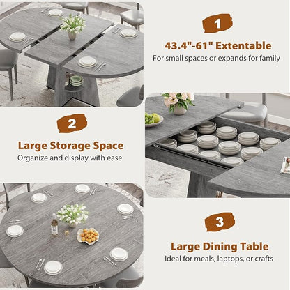 Extendable Dining Table, Round Kitchen Dining Room Dinner Table with for 4 6 8 People, Space Saving Modern Oval Expandale Furniture with Storage and Pedestal for Kitchen Living Room (Grey)