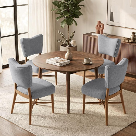 Mid Century Dining Chairs Set of 4, Linen Seat, Wood Legs, Gray | Farmhouse, Upholstered Padded Cushion, Solid Wood Cross-Brace, Easy 15-Min Assembly, Kitchen Dining Room