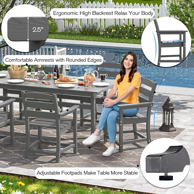 nalone Patio Dining Chairs Set of 2, HDPE Outdoor Dining Chairs with Backrest & Armrest, Patio Furniture Chairs for Garden,Backyard,Lawn (Grey, 2 Chairs)