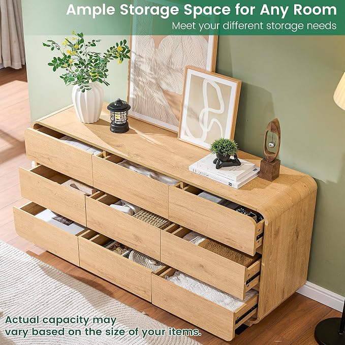 Standifurno Natural Dresser for Bedroom with 9 Drawers, 63" Wide Modern Drawers with Curved Design, Wood Drawer Organizer for Living Room, Hallway