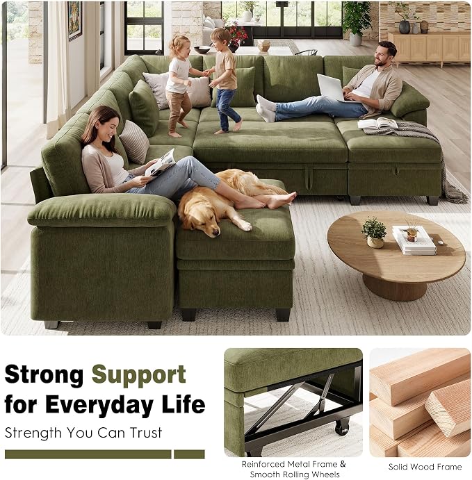 Ihanherry 108" Modular Sectional Sofa with Pull Out Bed, 9-Seater U Shaped Sectional Sleeper Couch with Storage, Chenille Convertible Couches for Living Room, Apartment (Green)