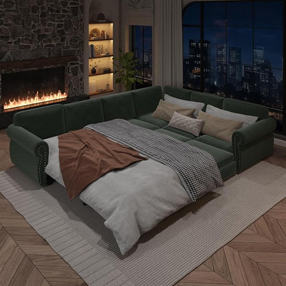 118" L-Shaped Sleeper Couch Bed - Oversize Convertible with Pull-Out Sofa Bed, Button Tufted Chesterfield Sofa, Chenille Sectional Vintage Couches for Living Room/Apartment(6-Seater, Green) | Oversize Convertible
