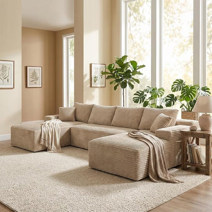 132" Oversized U-Shaped Cloud Sectional Couch Plush Corduroy Boneless Symmetrical Sofa, Front Facing Modular Compressed Boneless Sectional Sofa with Double Chaise Lounges