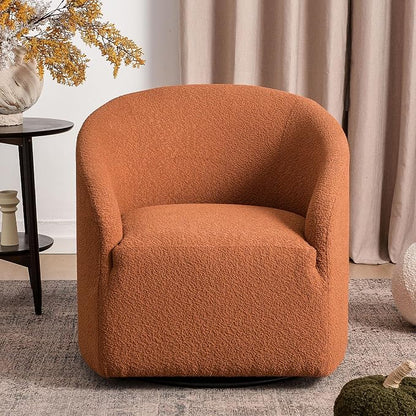 KINWELL 32" Wide Swivel Boucle Accent Chair Armchair, No Assembly Mid-Century Modern Round Upholstered Barrel Chair for Living Room, Bedroom, Office (Caramel)