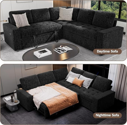 Sunny Heart Modular Sectional Sleeper Sofa with Pull Out Bed, Chenille L Shaped Sectional Sofa with USB Ports/Adjustable Backrest/Storage Seats, Tool-Free Assembly, Couches for Living Room Black