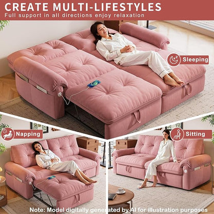 77.2'' Pull Out Couch Full Size, Pre-Assembled Sleeper Sofa Bed, Flannel Convertible Futon Sofa Bed with Adjustable Backrest, USB, Side Pockets, Loveseat for Living Room, Apartment, Pink