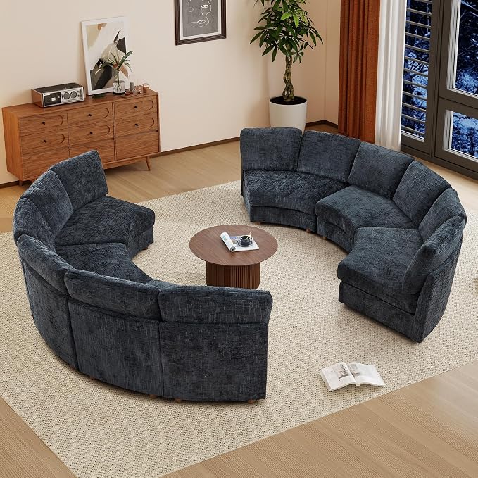 ORRD Curved Half Moon Sectional Sofa, Symmetrical Modular Sectional Couch, Boucle Modular Sectional Sofa with Pillows, Chenille Comfy 6 Seat Couch for Living Room, Black Blue