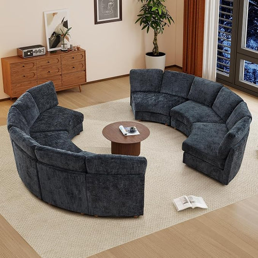 ORRD Curved Half Moon Sectional Sofa, Symmetrical Modular Sectional Couch, Boucle Modular Sectional Sofa with Pillows, Chenille Comfy 6 Seat Couch for Living Room, Black Blue