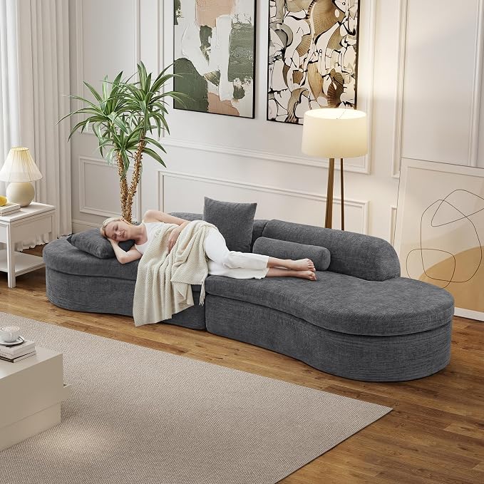 126" Curved Modular Sectional Sofa, Chenille Upholstered Cloud 4 Seater Couch for Living Room, No Assembly Modern Love Seat Sofa with 2 Bolster Pillows & 2 Square Pillows, High-Density Foam, Gray