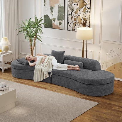 126" Curved Modular Sectional Sofa, Chenille Upholstered Cloud 4 Seater Couch for Living Room, No Assembly Modern Love Seat Sofa with 2 Bolster Pillows & 2 Square Pillows, High-Density Foam, Gray