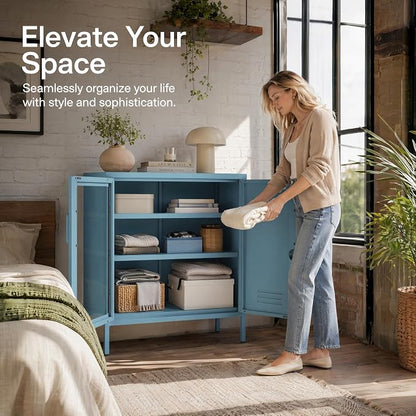 Lockable Metal Storage Cabinet Locker Adjustable Shelves, Multifunctional Versatile Storage Lockers, Easy Assembly Durable Metal Sideboard Furniture for Bedroom Home Office Blue