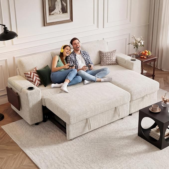 Vipbear Premium 86" Modular Sectional Sleeper Sofa, 3 Seat Chenille Sofa with Pull Out Bed, L Shaped Couch with Storage Chaise & Armrests|USB Ports|Cup Holders|Side Table, White