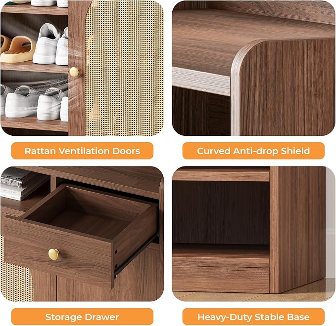 LIKIMIO Rattan Shoe Storage Cabinet, 30 Pairs 6-Tier Shoe Cabinet Storage for Entryway with LED Light, Drawer & Doors, Adjustable Shelves, Shoe Rack Organizer for Hallway, Living Room, Walnut