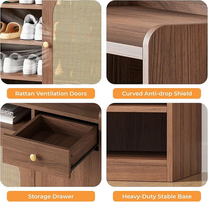 LIKIMIO Rattan Shoe Storage Cabinet, 30 Pairs 6-Tier Shoe Cabinet Storage for Entryway with LED Light, Drawer & Doors, Adjustable Shelves, Shoe Rack Organizer for Hallway, Living Room, Walnut