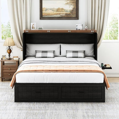 Full Murphy Bed with Charging Station, Farmhouse Noisy-Free Foldable Cabinet Bed Frame with Storage Drawer, Space Saving Hideaway Wall Bed for Guest Bedroom, Living Room, Office, Black