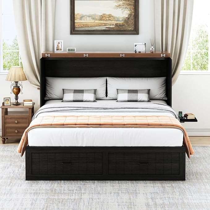 Queen Murphy Bed with Charging Station, Farmhouse Noisy-Free Foldable Cabinet Bed Frame with Storage Drawer, Space Saving Hideaway Wall Bed for Guest Bedroom, Living Room, Office, Black