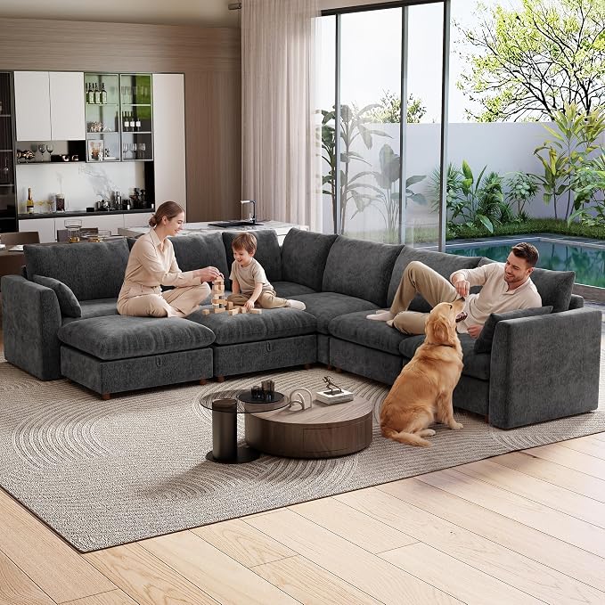 Ihanherry 146" Oversized Modular Sectional Sofa, Modern V Shaped Cloud Couch with 2 Storage Ottoman, 8-Seat Comfy Chenille Deep Seat Sofa with 2 Pillows for Living Room, Grey