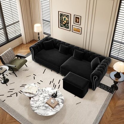 89'' Pull Out Sofa Bed King, Chesterfield Velvet Sleeper Sofa, Convertible L-Shaped Futon Couch, Tufted Back, 4 Pillows, Ottoman, Deep Seat Loveseat Couches for Apartment, Living Room, Black