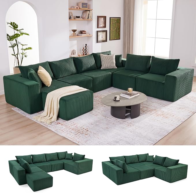U-Shaped Boneless Couch, Cloud Couch Sectional, Modular Sofa with Deep Seat, Convertible Sectional Couches for Living Room, Plush Corduroy U Shaped Boneless Couch (Green, 6 Seater & 1 Ottoman)