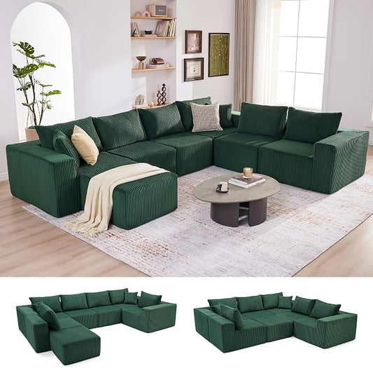 U-Shaped Boneless Couch, Cloud Couch Sectional, Modular Sofa with Deep Seat, Convertible Sectional Couches for Living Room, Plush Corduroy U Shaped Boneless Couch (Green, 6 Seater & 1 Ottoman)