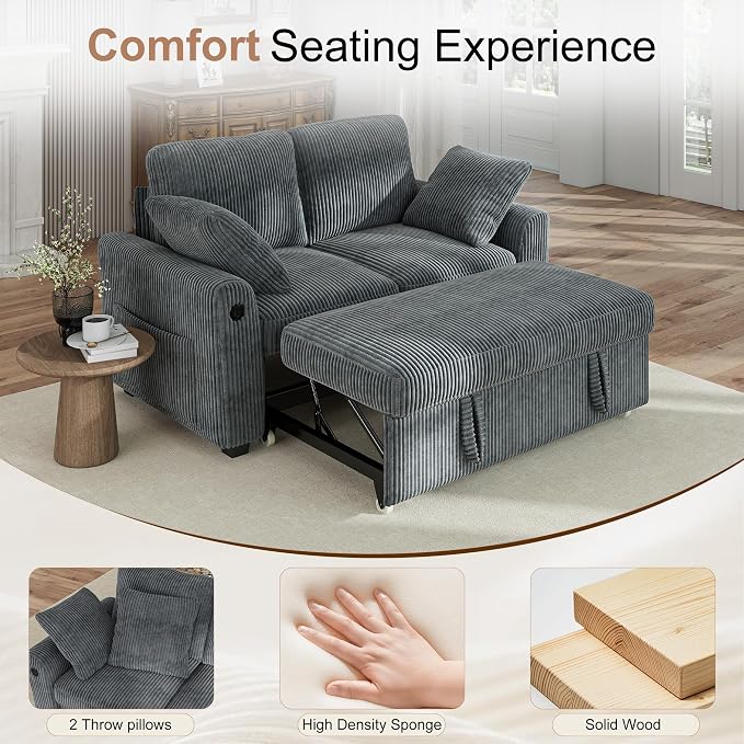 Hanherry 59" Loveseat Sofa with Pull Out Couch Bed, Corduroy 2-in-1 Convertible 2 Seater Sleeper Sofa with USB Charging,Comfy Love Seat for Small Spaces Living Room Apartment