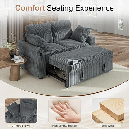 Hanherry 59" Loveseat Sofa with Pull Out Couch Bed, Corduroy 2-in-1 Convertible 2 Seater Sleeper Sofa with USB Charging,Comfy Love Seat for Small Spaces Living Room Apartment