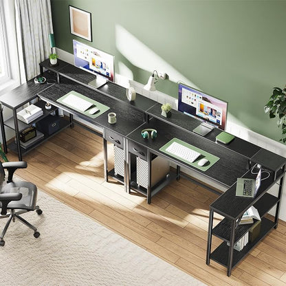 SUPERJARE 53 inch L Shaped Gaming Desk with LED Lights & Power Outlets, Reversible Computer Desk with Shelves & Monitor Stand, Corner Desk with Drawer, for Home & Office, Black